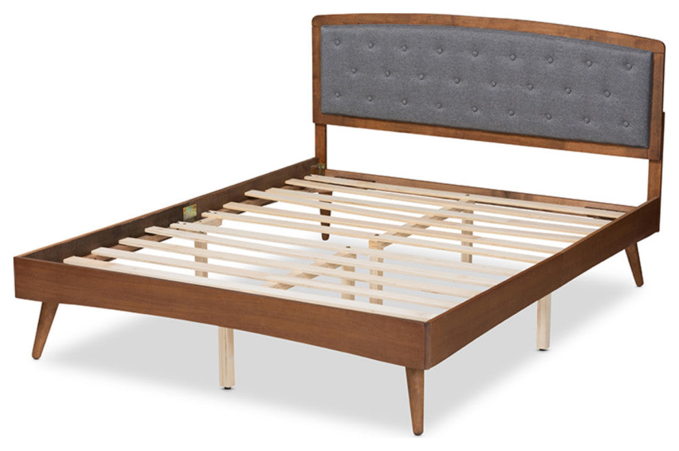 Gray Fabric Upholstered and Walnut Brown Finished Wood King Size Platform Bed