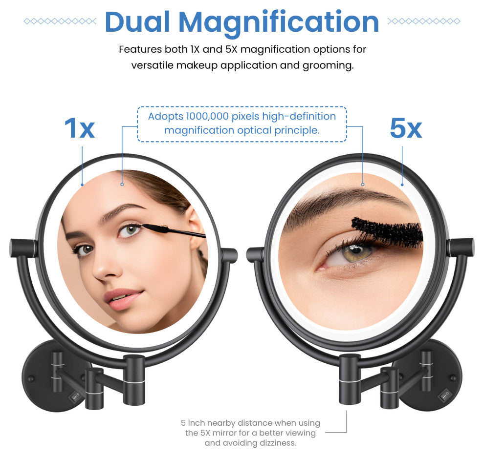 Circular LED Wall Mount Magnifying Make Up Mirror, Matte Black