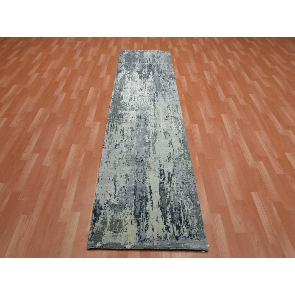 Charcoal Gray Wool and Silk Denser Weave Hand Knotted Runner Rug, 2'7"x10'2"