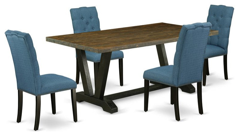 V677El121-5, 5-Piece Dining Set Table Top and 4 Chairs, Wire Brushed Black