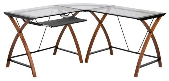 Glass L-Shape Desk With Pull-Out Keyboard Tray