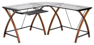 Glass L-Shape Desk With Pull-Out Keyboard Tray