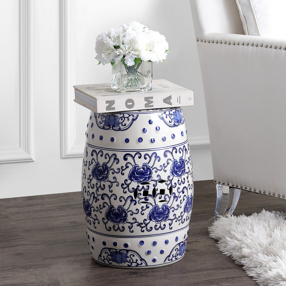 Lotus Flower 17.8" Ceramic Drum Garden Stool, Blue and White