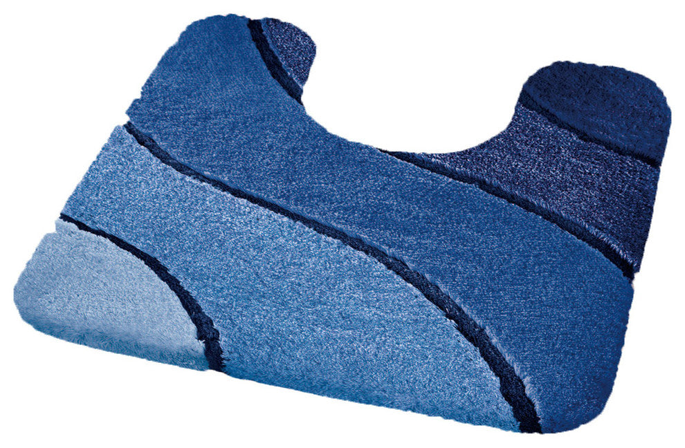 Blue Plush Washable Pedestal Bathroom Rug, Wave