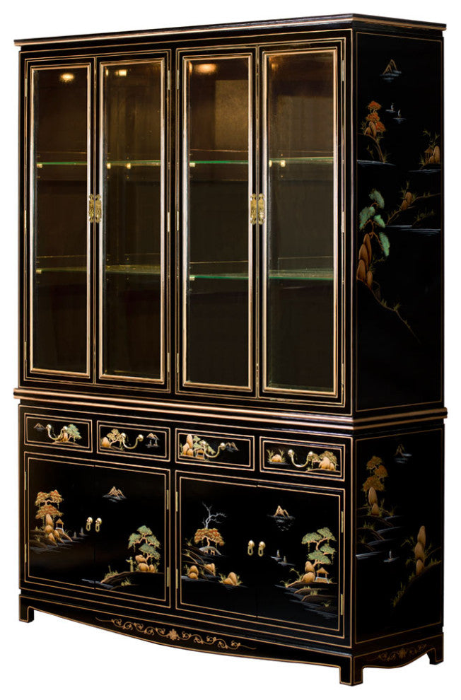 60in Black Lacquer Chinoiserie Oriental China Cabinet
