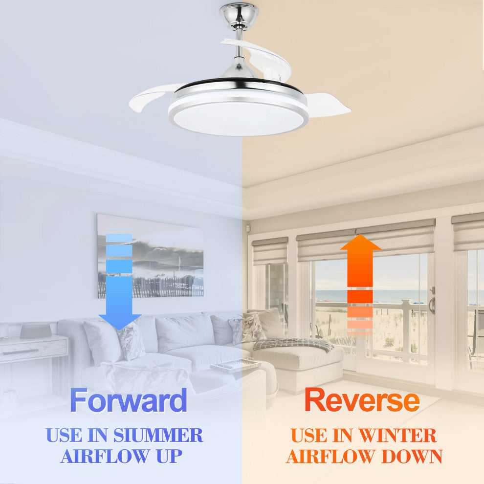 36W Reversible Ceiling Fan with Retractable Blades and Remote Control, Chrome