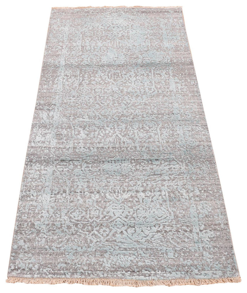 Green Wool and Silk Hand Knotted Broken Persian Design Runner Rug 2'6" x 5'8"