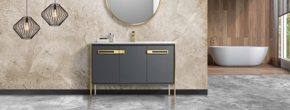 Oakville Bath Vanity, Ceramic Sink, Onix Grey, 42 Inch, Satin Brass Hardware