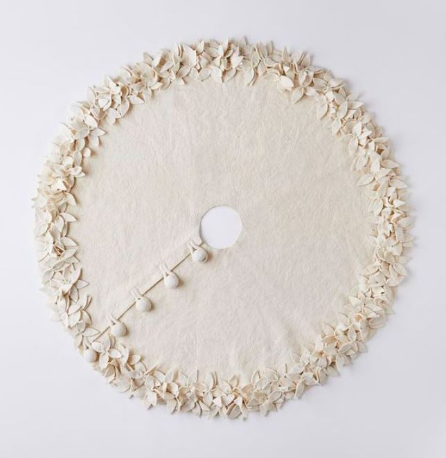 Overlapping Flowers Christmas Tree Skirt in Rustic Hand Felted Cream Wool