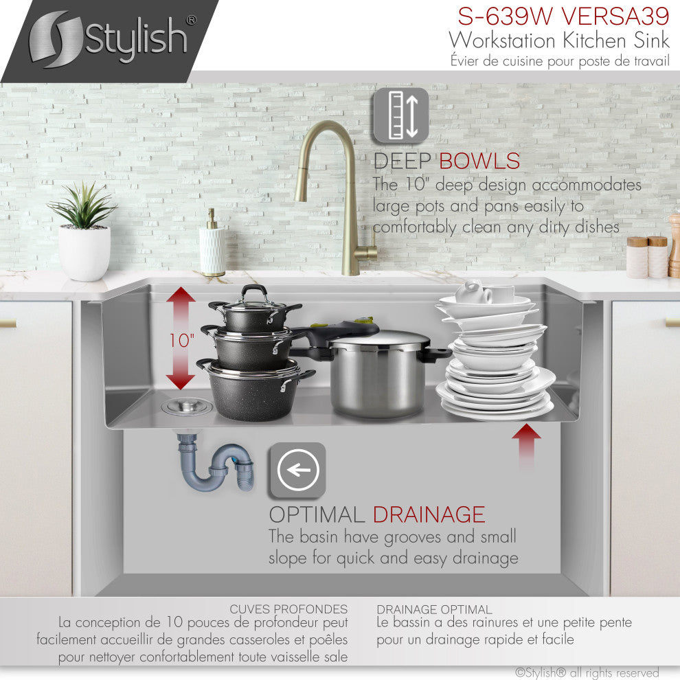 STYLISH 39"x19" Stainless Steel Single Bowl Undermount Workstation Kitchen Sink