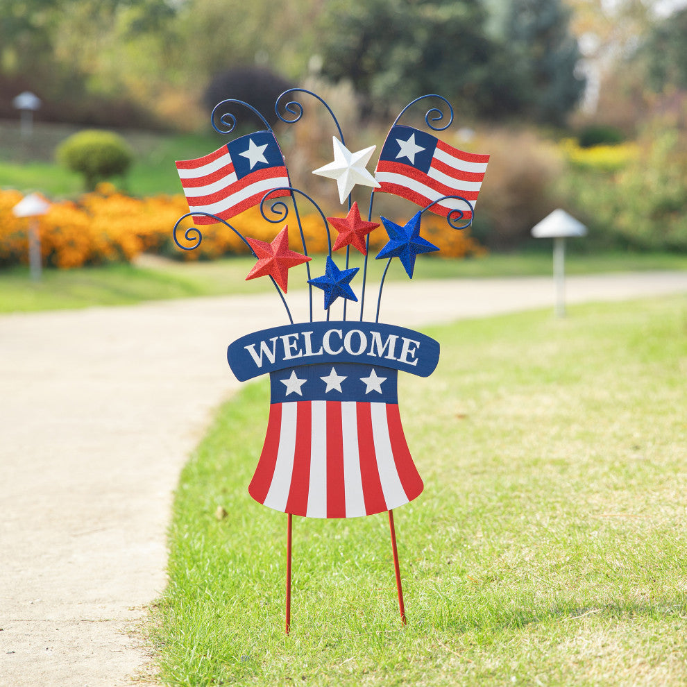30.25"H Wooden/Metal Patriotic Flags Yard Stake/Wall Decor