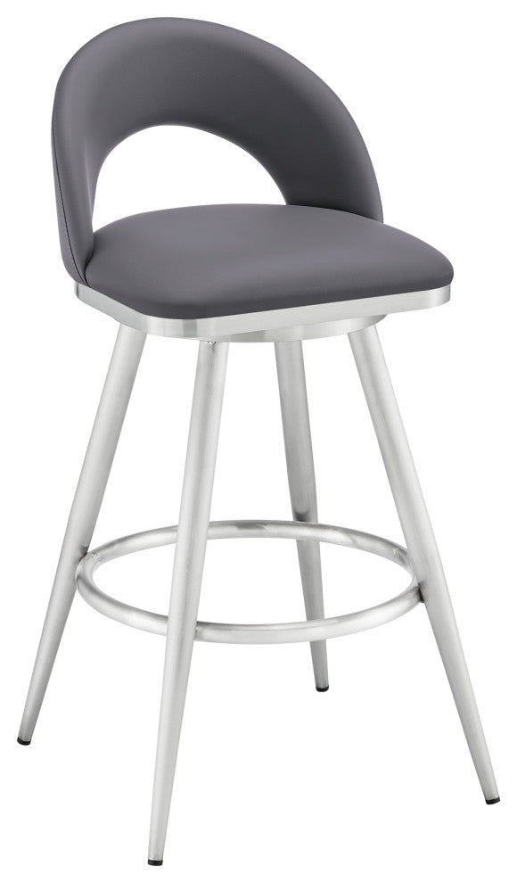 Lottech Swivel Bar Stool, Brushed Stainless Steel With Faux Leather, Gray