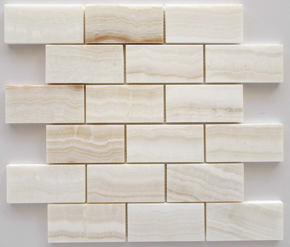 2 X 4 Premium White Onyx VEIN-CUT Polished Brick Mosaic Tile