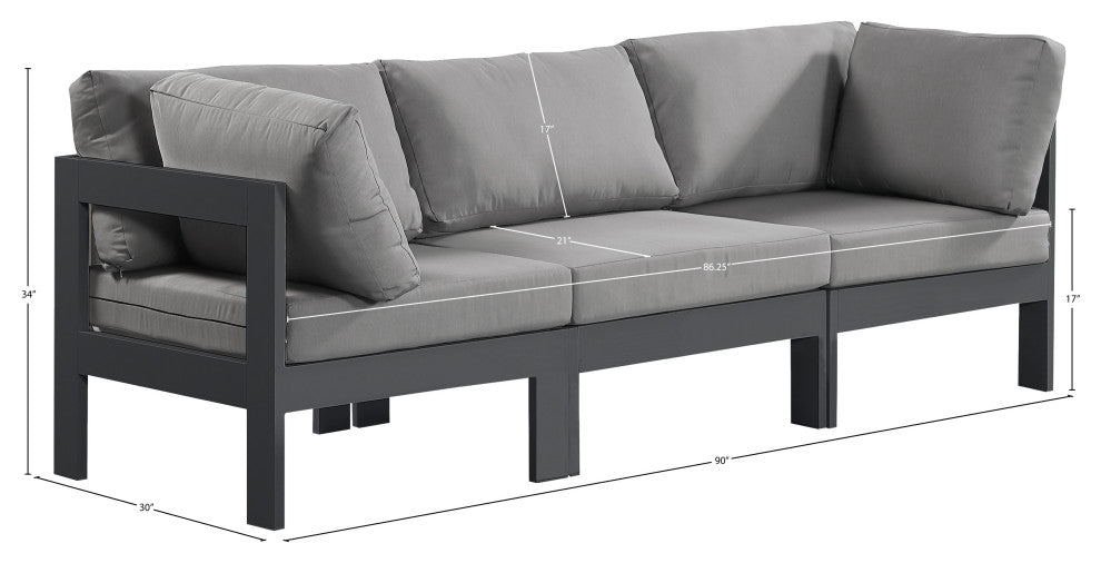 Nizuc Water Resistant Patio Modular Straight Sofa, Gray, 3-Piece: 1 Armless Chair, 2 Corner Chair, Dark Gray Aluminum Frame