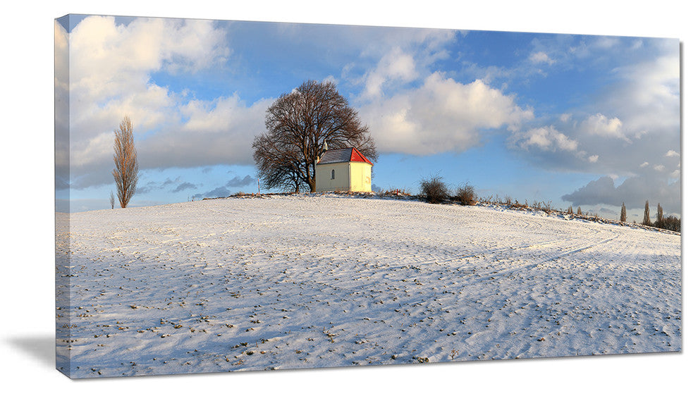 Winter Landscape with Chapel, Landscape Canvas Art Print, 32"x16"