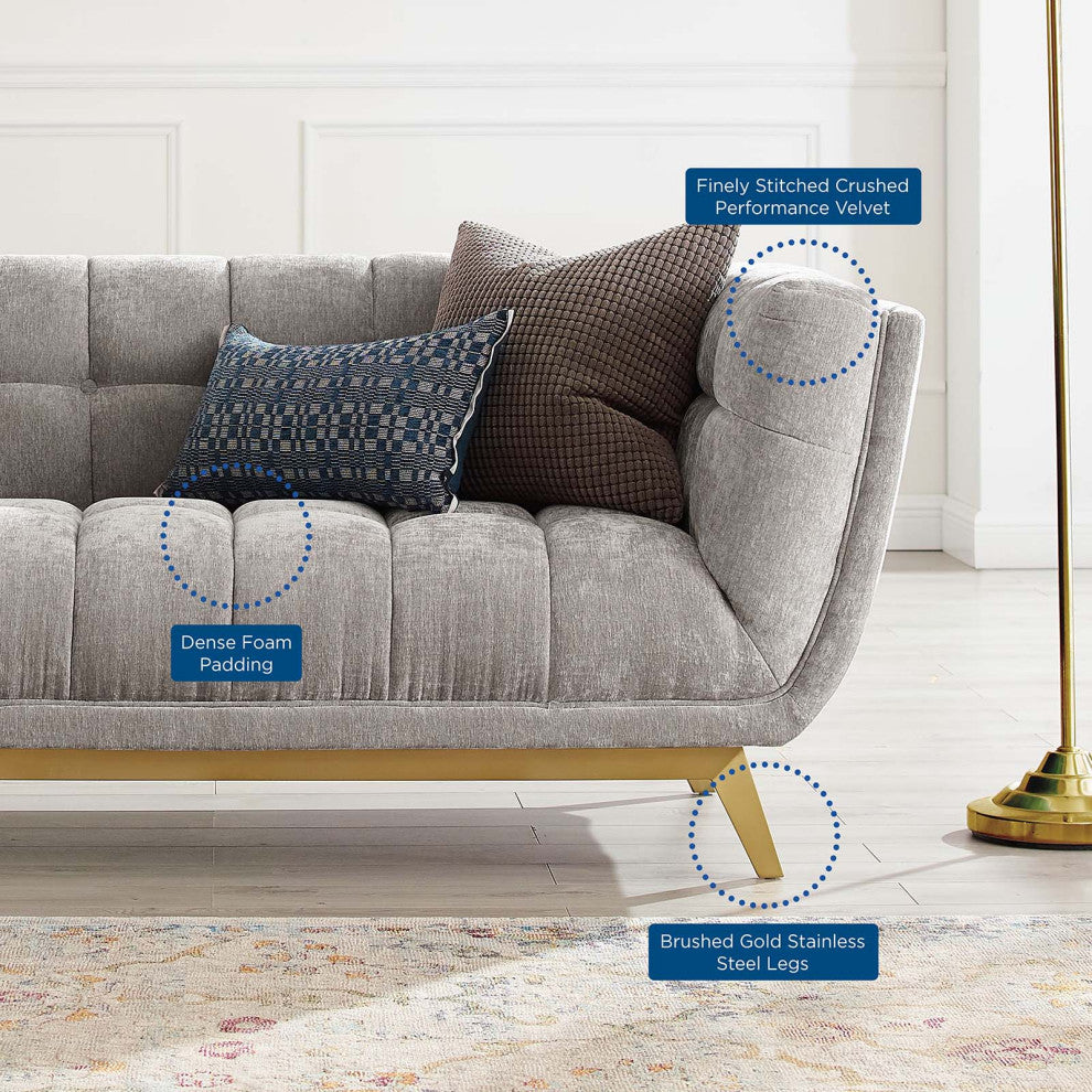 Loveseat Sofa, Velvet, Gray, Modern, Living Lounge Hotel Lobby Hospitality