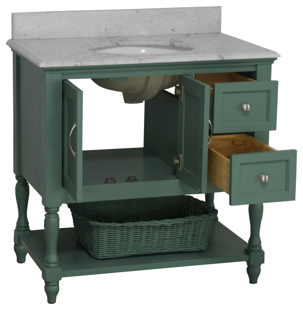 Beverly 36" Bathroom Vanity, Sage Green, Carrara Marble