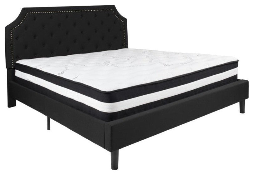 King Size Tufted Platform Bed, Black With Pocket Spring Mattress