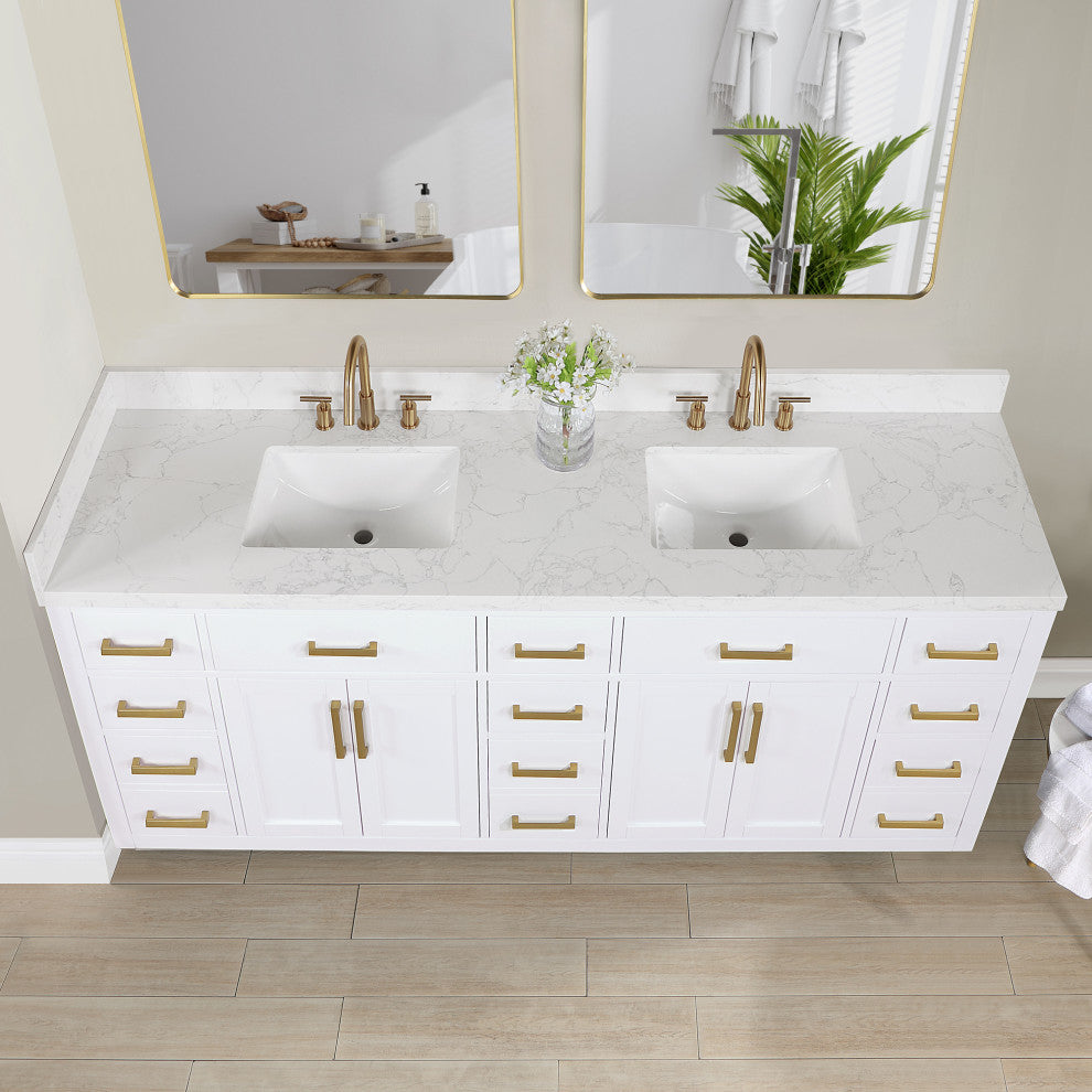 Gavino Vanity With Grain White Composite Stone Top, White/Brushed Gold, 84", With Mirror