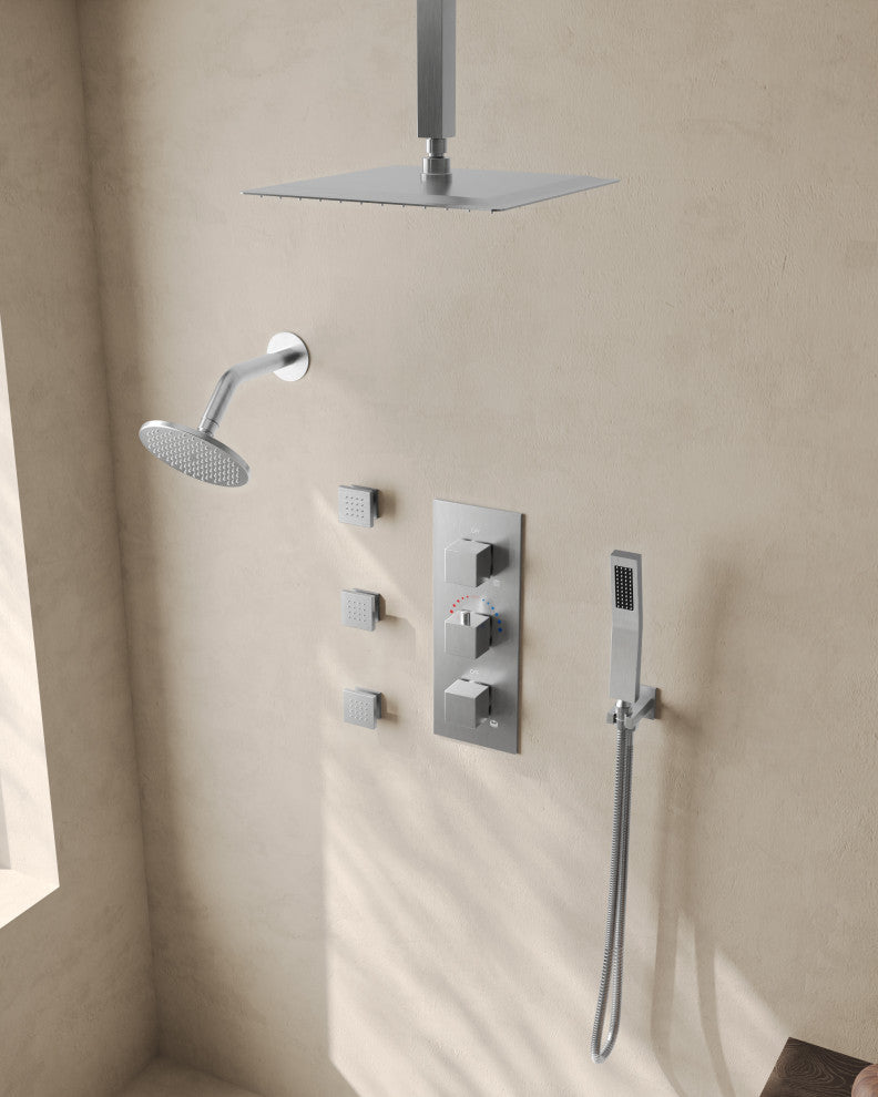 Thermostatic Dual Heads 12" Rainfall Shower System With 3 Body Jets, Brushed Nickel