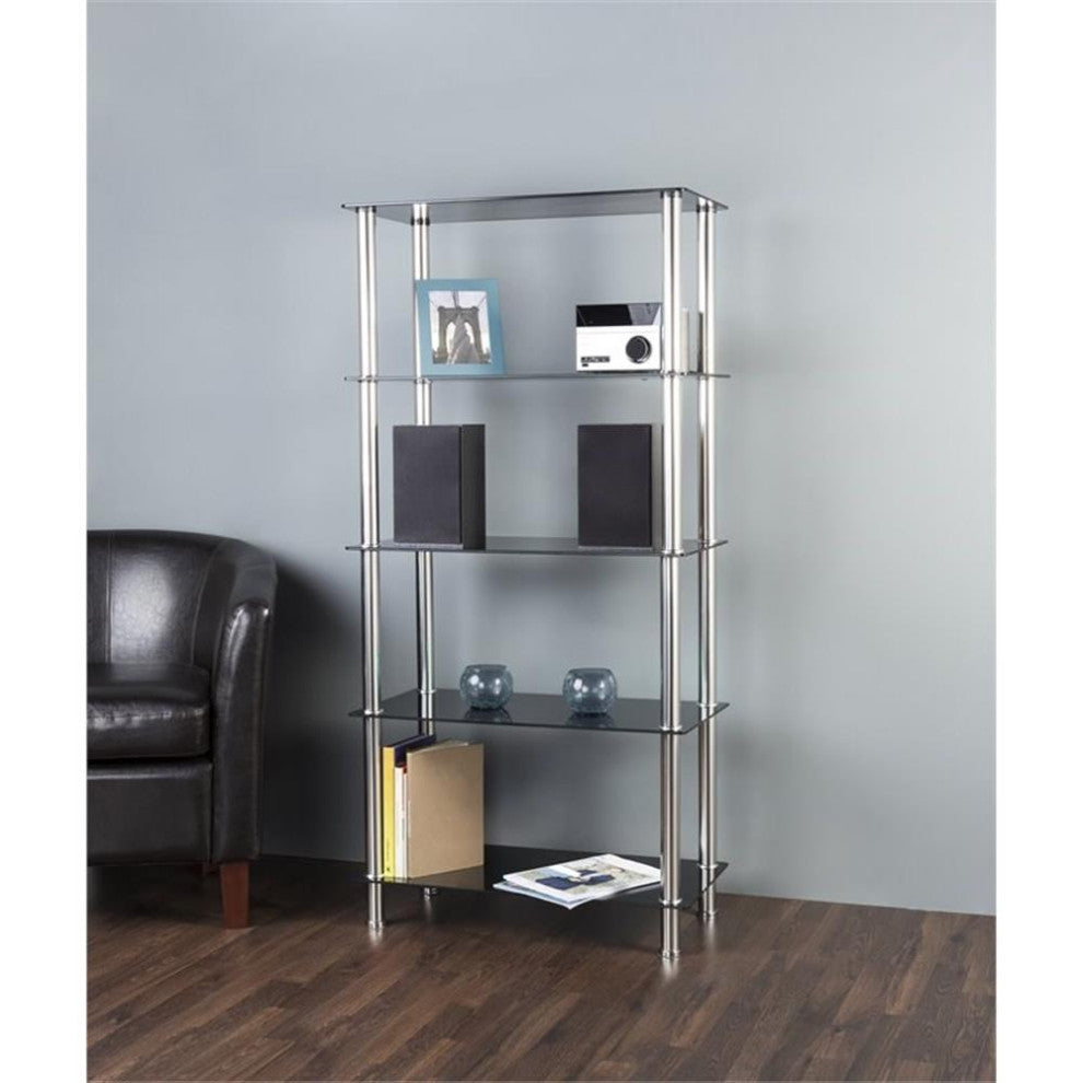 AVF Transitional Steel and Glass Tall 5-Tier Shelving Unit in Black/Chrome