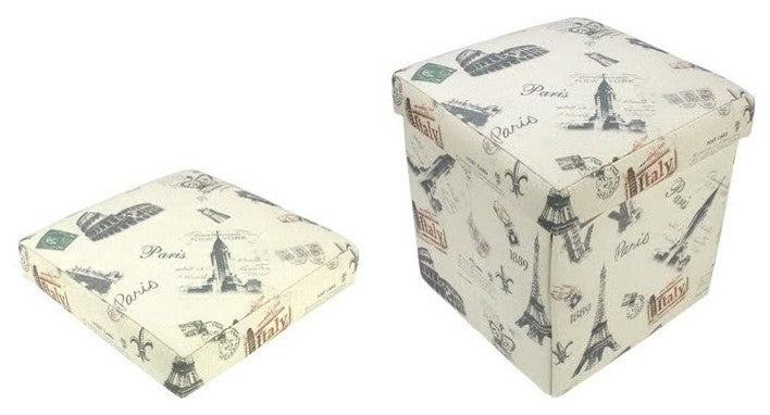 Taupe Vintage-Style Travel Inspired Fabric Ottoman Storage Box, 12"