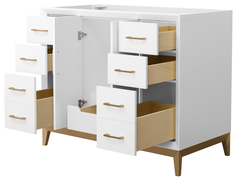 Amici 42" White Single Vanity, No Top, No Sink, Satin Bronze Trim