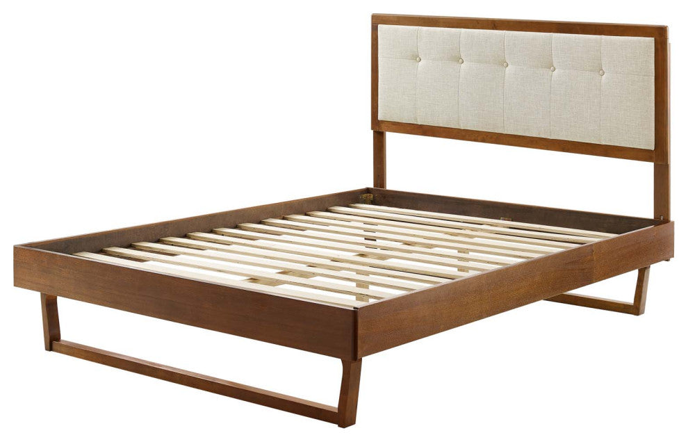 Platform Bed Frame, King Size, Wood, Brown Walnut Beige, Modern Mid-Century