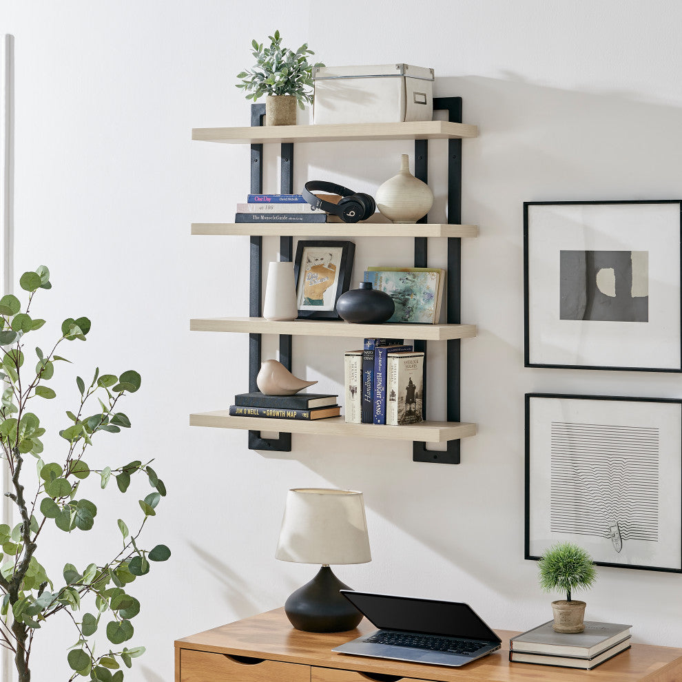Danya B. 4-Tier Floating Bracket Wall Shelf Metal and MDF Finish, White Birch