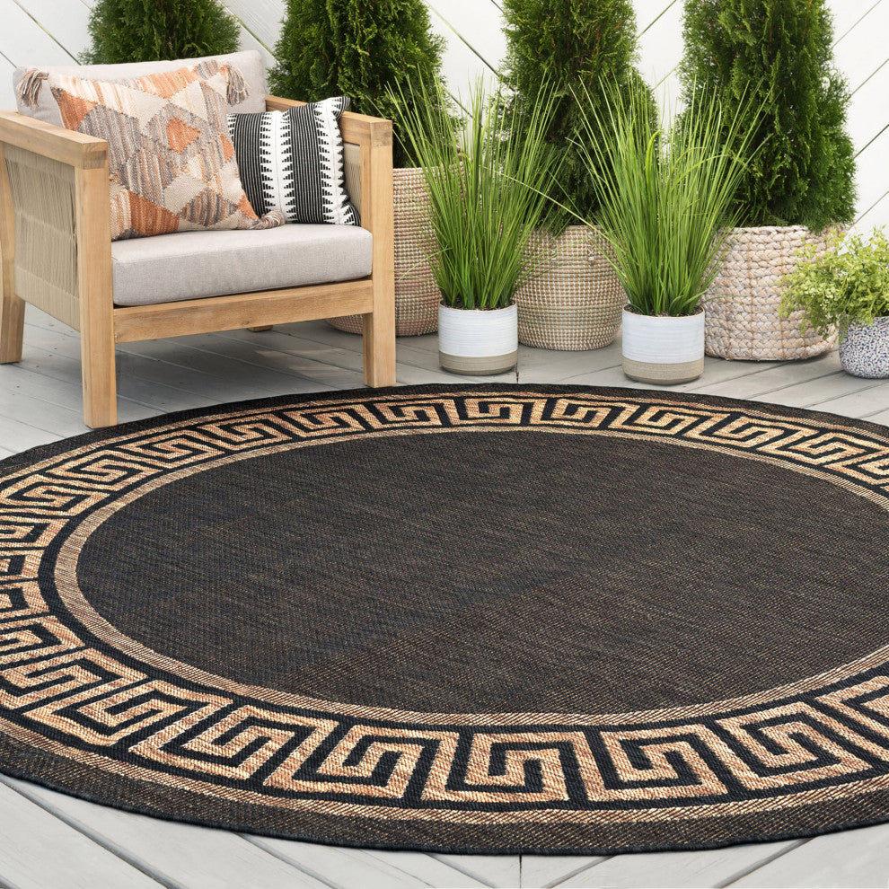 Giovanna Transitional Greek Key Black/Gold Round Indoor/Outdoor Area Rug, 5'