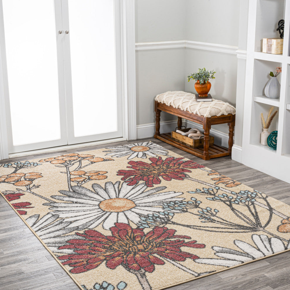 Dizi Modern Botanical Wildflower Area Rug, Yellow/Ivory/Red, 4x6