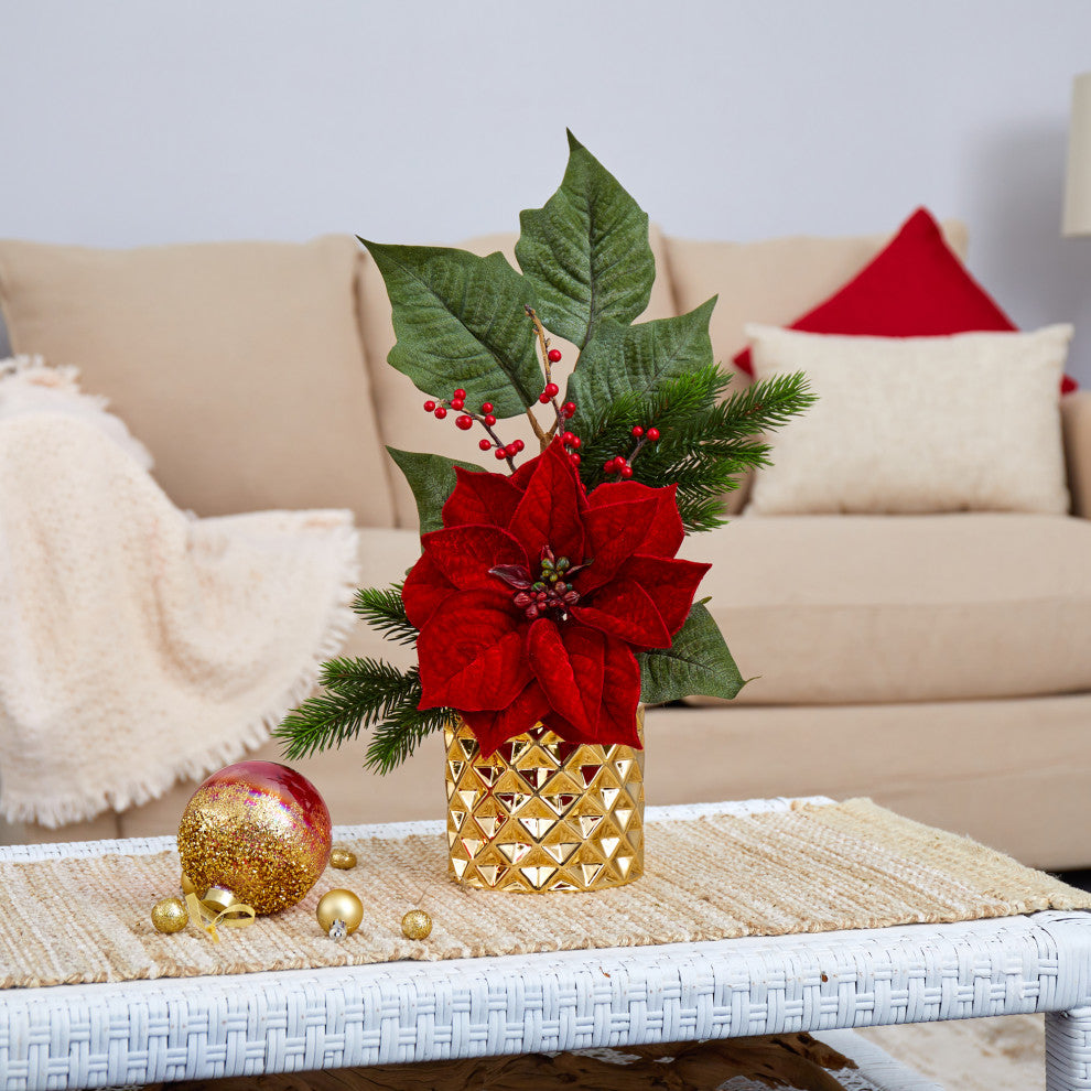 21" Poinsettia, Berries and Pine Artificial Arrangement, Gold Vase