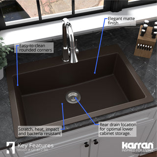 Karran QT-812 Top Mount 33" Large Single Bowl Quartz Kitchen Sink, Brown