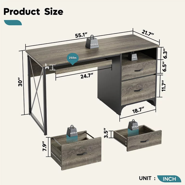 Industrial Desk, Spacious Top With Keyboard Tray & Storage Drawers, Dark Gray