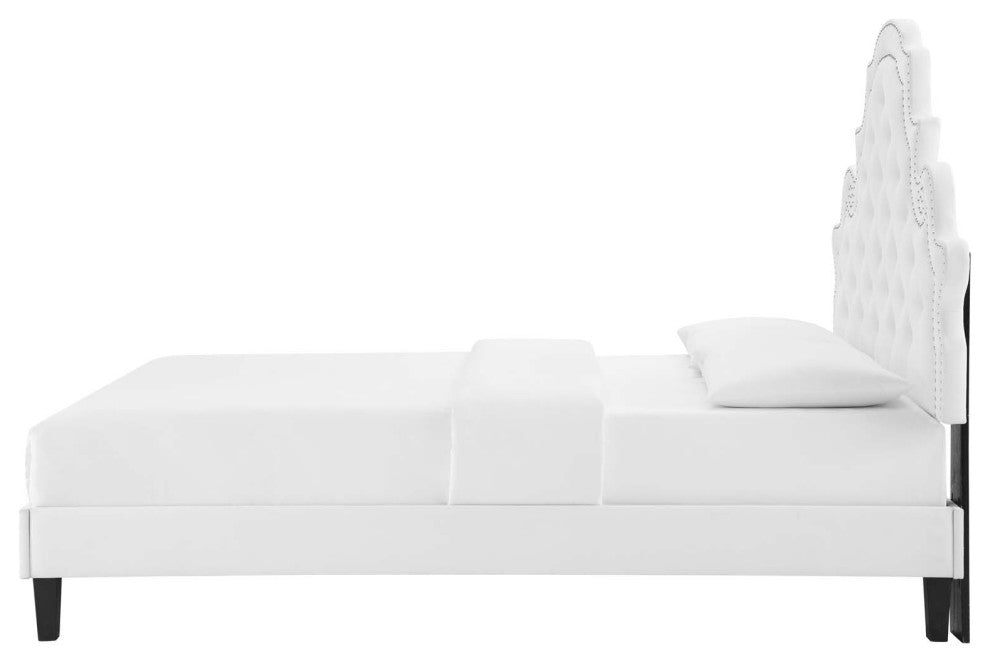 Tufted Platform Bed Frame, Twin Size, Velvet, White, Modern Contemporary