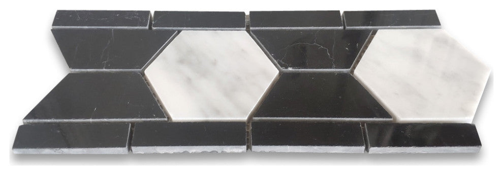 Carrera White Marble 3" Hexagon Mosaic Border Listello Tile Polished, 1 sheet