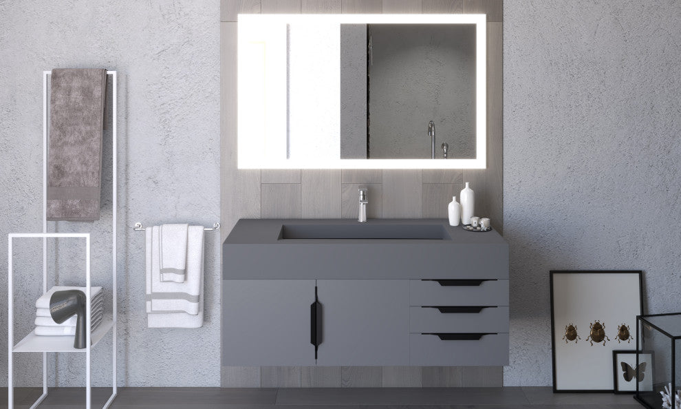 CastelloUSA Nile 48" Wall Mounted Vanity Set, Gray, Gray Top, Black Handles