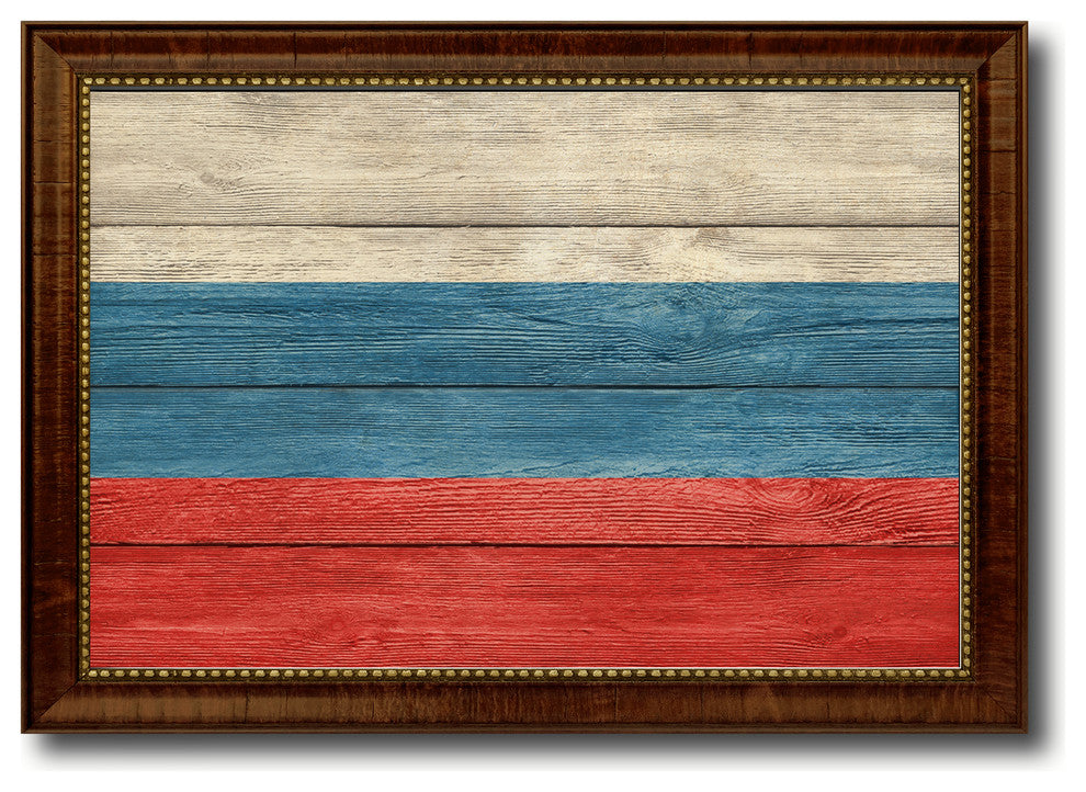 Russian Country Textured Flag Print With Brown Gold Frame, 15"X21"