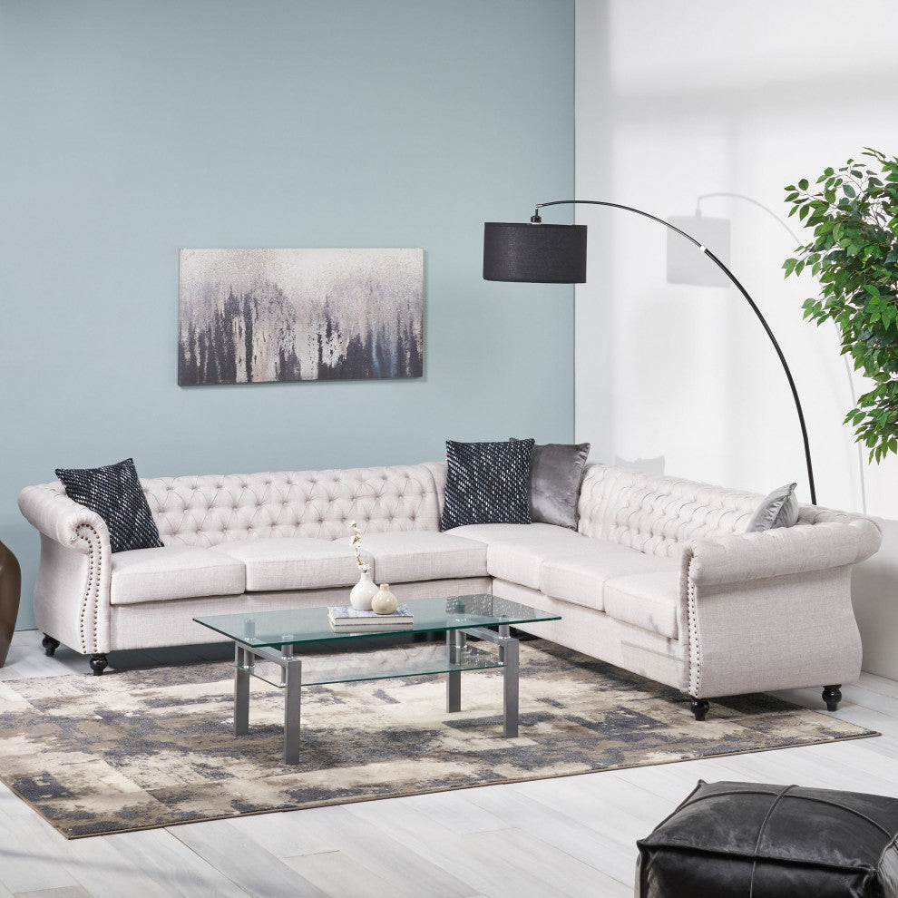 Annabelle 7 Seater Velvet Tufted Chesterfield Sectional, Beige, Dark Brown, Fabric