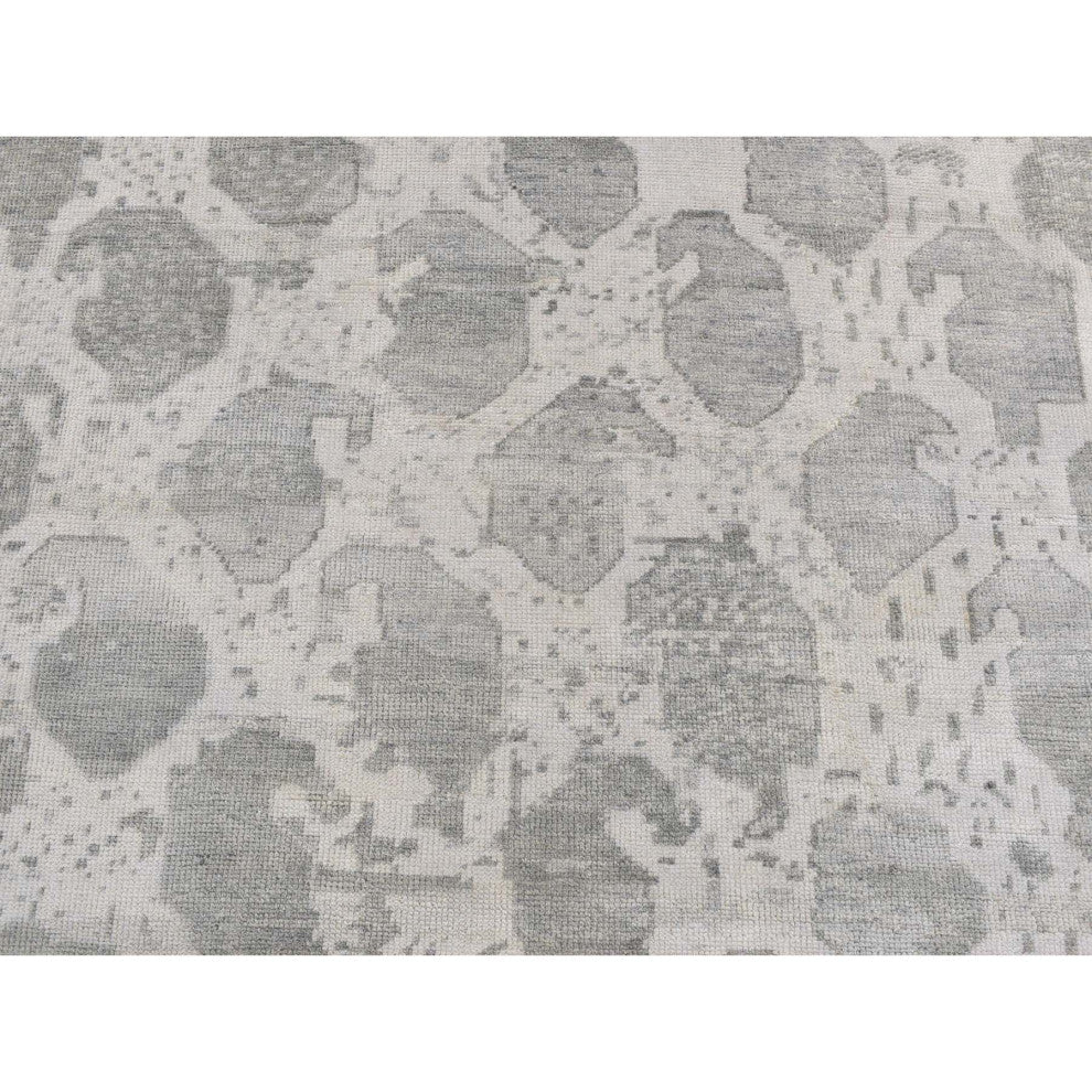 Gray Oushak Repetitive Botteh Design Pure Wool Hand Knotted Rug 5'10" x 9'