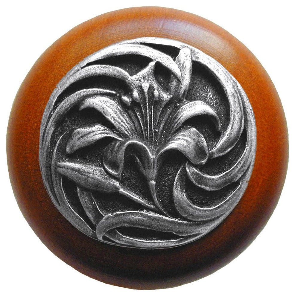 Tiger-Lily Cherry Wood Knob, Antique-Style Pewter