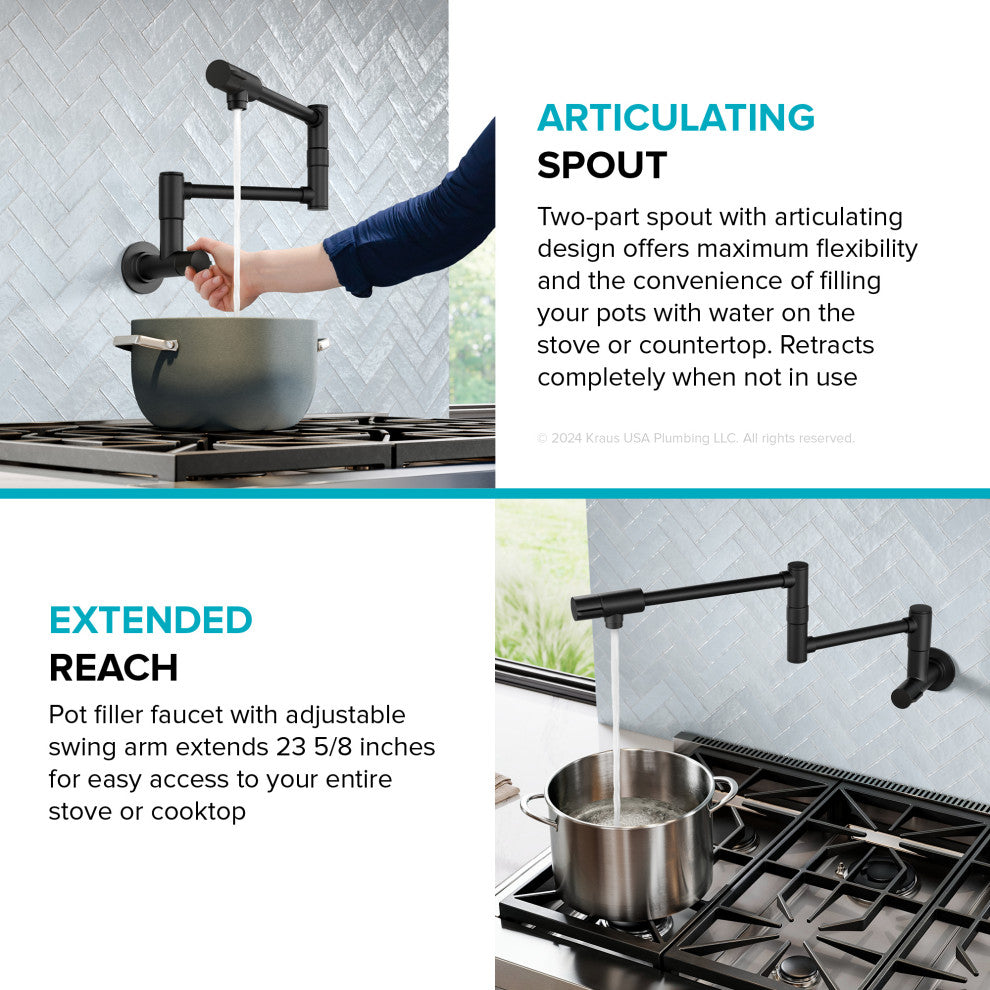 KRAUS Bolden 2 Handle Wall Mount Pot Filler Faucet, Retractable Arm, MB