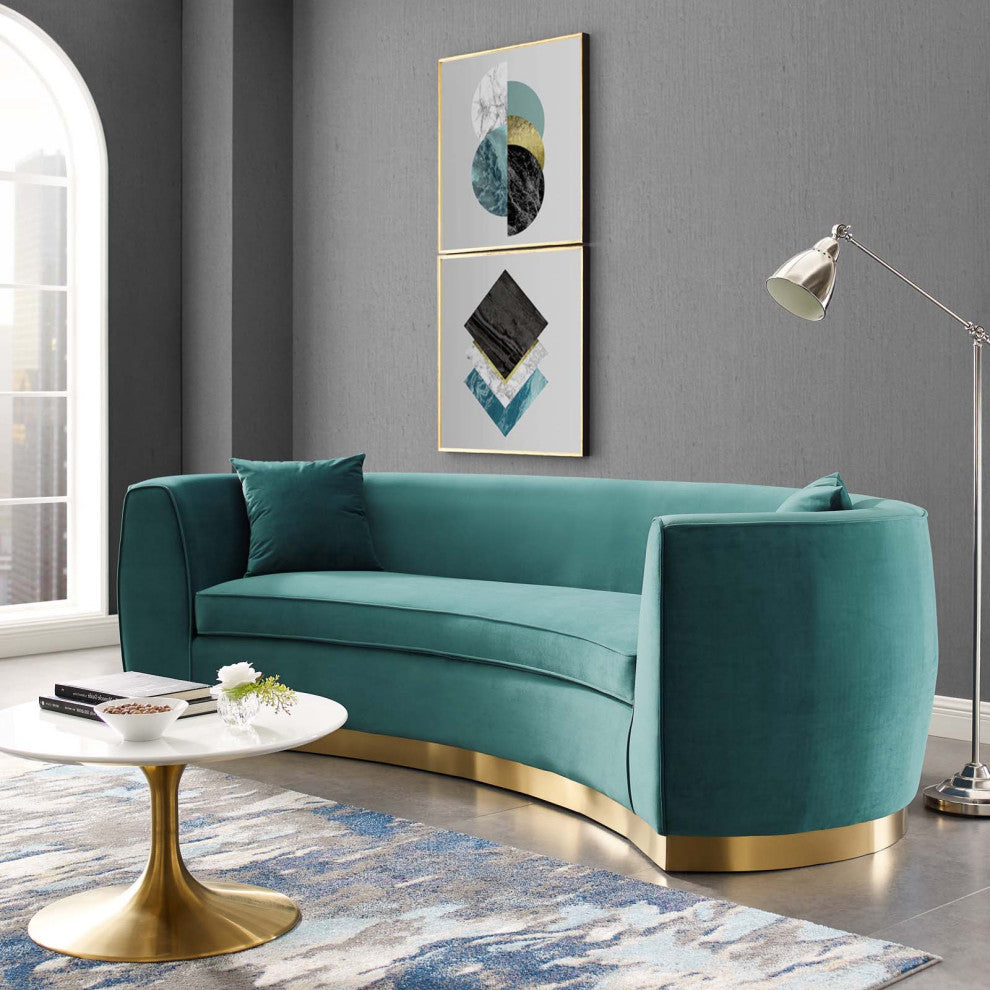 Modern Designer Lounge Lobby Sofa, Velvet Fabric Metal Steel, Aqua Blue