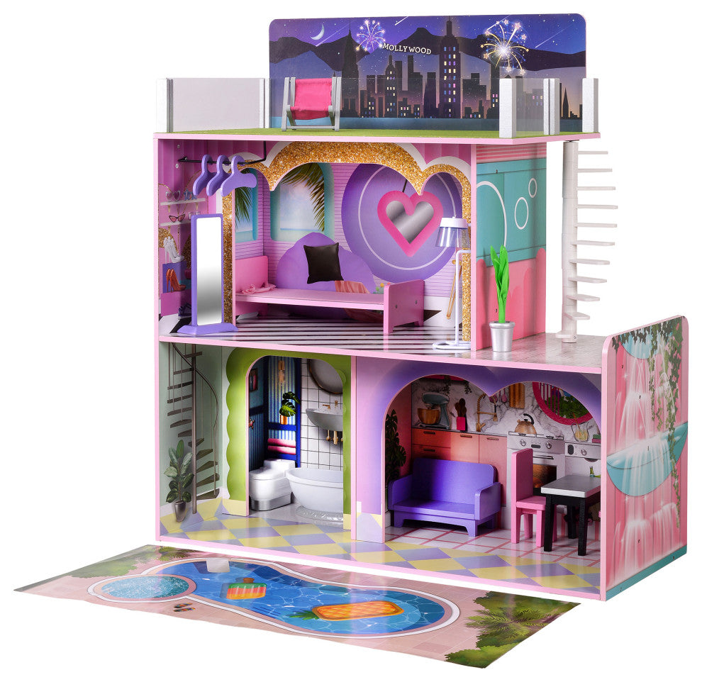 Kids Wooden 3-Level Doll house Set, Dollhouse