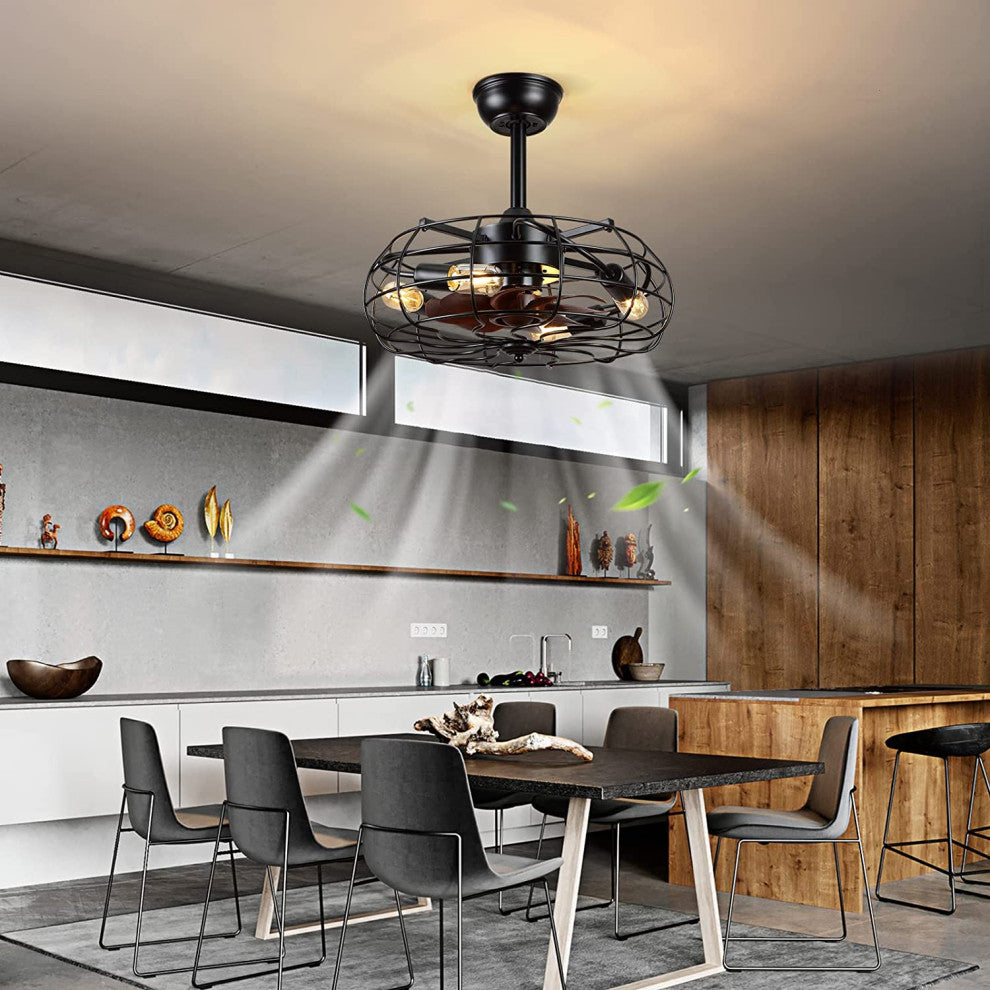4 Light Caged Fan With Lights Remote Control Black Ceiling Fan Light