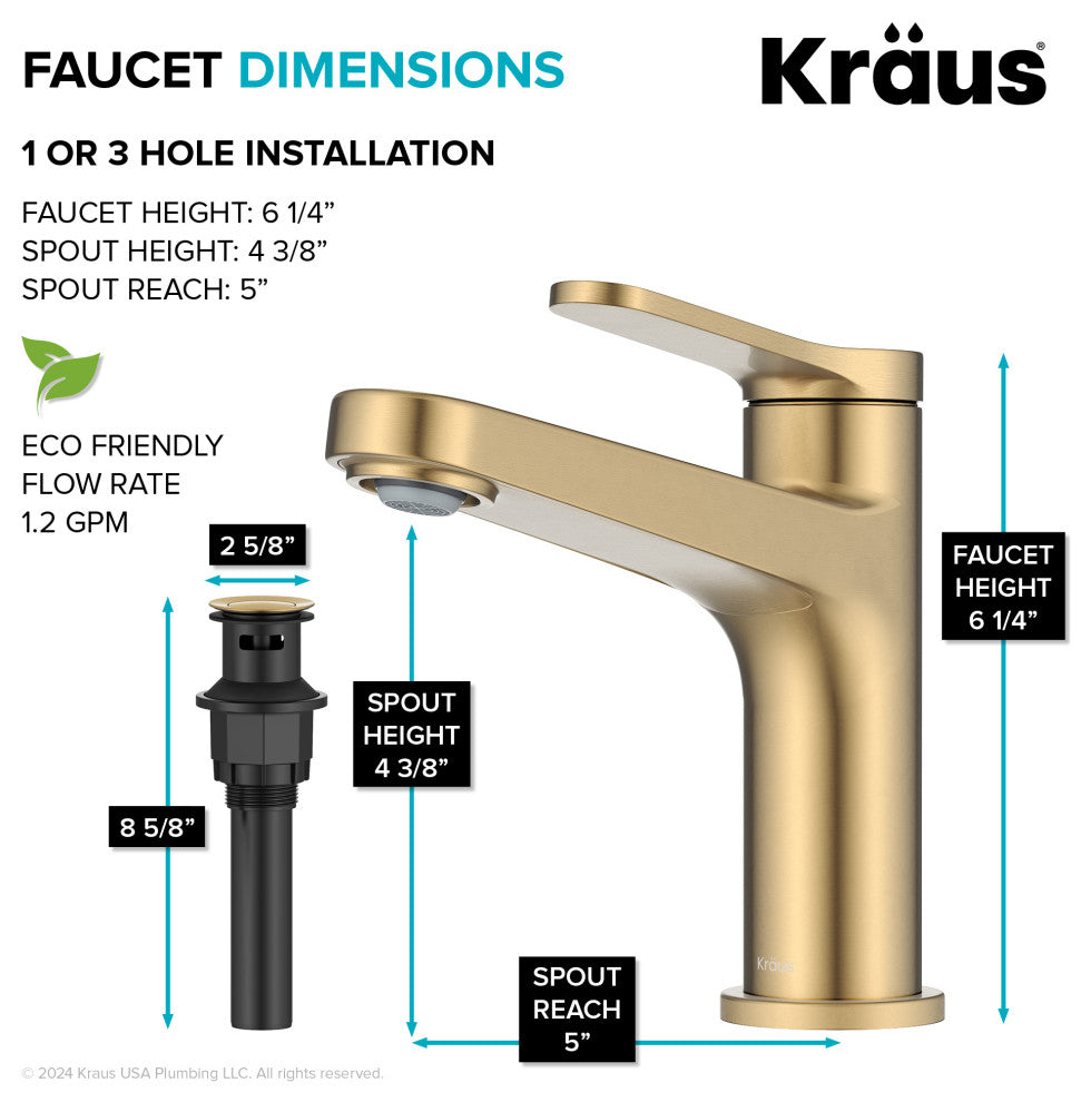 KRAUS Indy Single Handle Basin Bathroom Faucet Spot Free BB, Pop Up Drain