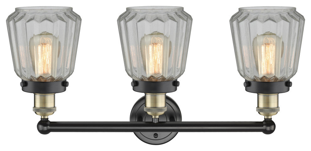 Edison Chatham 3-Light 25" Vanity Light, Black Antique Brass, Matte White Shade