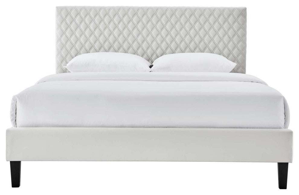 Platform Bed Frame, King Size, Gray, Velvet, Modern, Bedroom Guest Suite