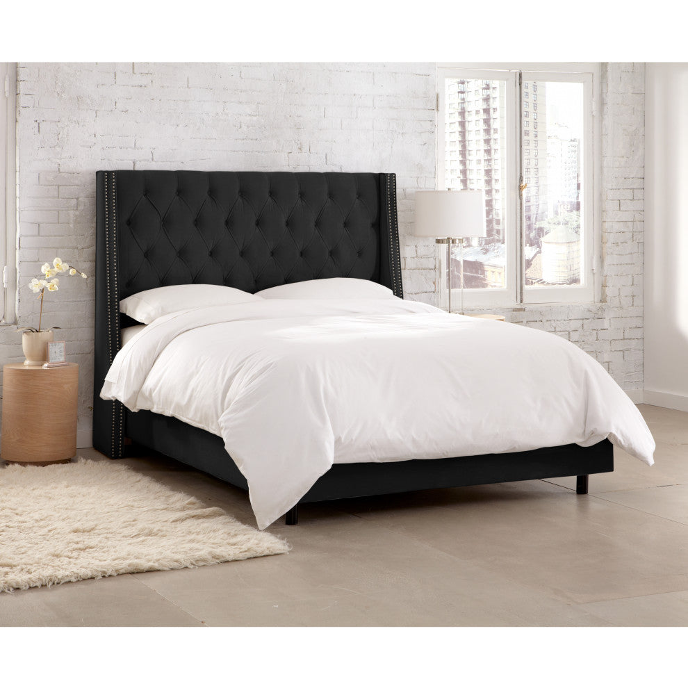 Williams Twin Nail Button Wingback Bed, Velvet Black