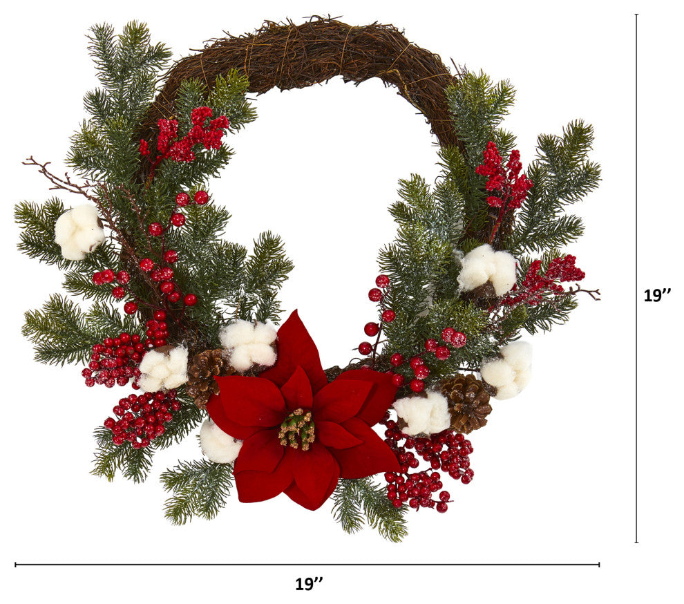 19" Poinsettia With Berries and Cotton Artificial Wreath